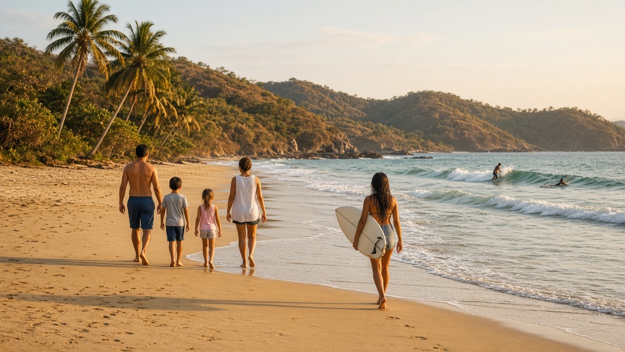 Family walking the shoreline and surfers off a Guanacaste beach